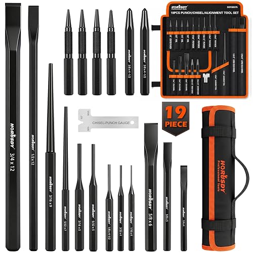 19-Piece Punch and Chisel Set, Pin Punches, Center Punch, Alignment Tools | Long Cold Chisels, Nail Punches, Chisel Gauge, CR-V Steel Construction, Rolling Pouch for Woodworking and Metalworking