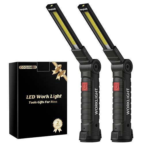 Coquimbo 2 Pack Rechargeable Work Light, Christmas Dad Gifts for Men Him | Mens Stocking Stuffers, White Elephant Gifts for Adults, LED Flashlight Mechanic Tools with Magnetic Base and Hook (Black)