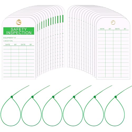 Chunful 50 Pack Safety Inspection Tags with Adjustable Zip Ties, Green | Accident Prevention Labels with Wire Ties, Monthly Maintenance Equipment Tags for Fire Extinguisher Scaffold Ladder