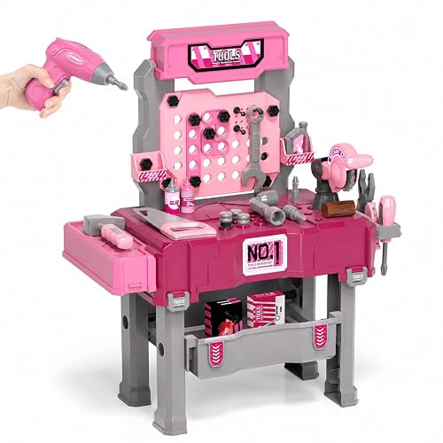 Eohemeral Pink Kids Tool Set for Girls with Power Drill | Portable Storage Case and Realistic Tool Toddler Workbench, STEM Construction Toys, Birthday Gift for Ages 3 4 5