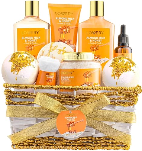 Gifts for Women Gift Basket for Women - 10 Pc Almond Milk & Honey Beauty & Personal Care Set - Home Bath Pampering Package for Relaxing - Spa Self Care Kit - Birthday, Mom, Anniversary Gift