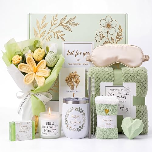 Self Care Gifts for Women, 10 PCS Gift Basket with Blanket, Tumbler & Crochet Flowers, Spa Care Package for Women, Thinking of You & Get Well Soon, Mom, Wife, Sister, Friend, Green
