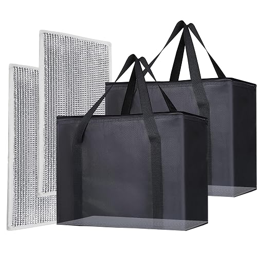 Bodaon 2PK Insulated Grocery Bags with Reinforced Baseboard, X-Large, Black | Reusable, Heavy Duty, Cooler Tote for Stability & No Sag, Thermal Bag for Hot Cold Food, Delivery, Shopping, Travel, Camping