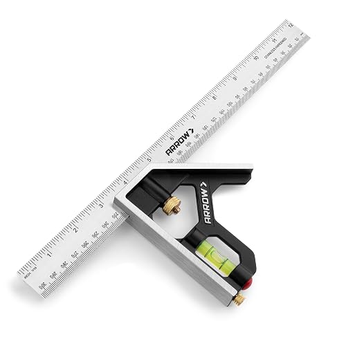 Arrow Combination Square, 12-Inch Combo Square with Bubble Level | Stainless Steel Ruler, Zinc Alloy Body, Carpenter Tool, Craftsmen, Woodworking, Household Repairs, DIY