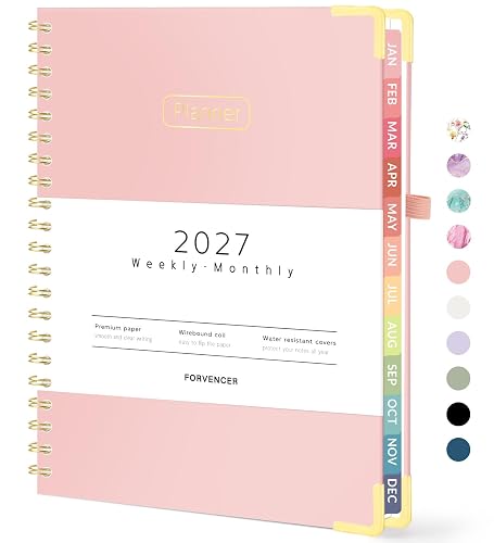 Forvencer 2027 Planner, Hardcover Calendar Planner Jan - Dec 2027, 8.5"x11" | Spiral Weekly & Monthly Planner, Daily Agenda Book with Tabs, Daily Journal Organizer for Office Home School, Pink