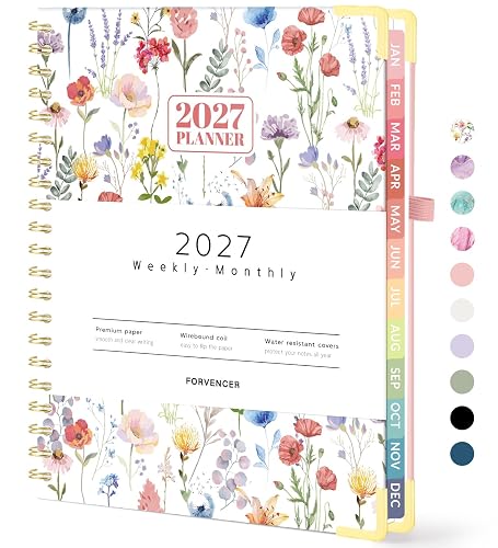 Forvencer 2027 Planner, Hardcover Calendar Planner Jan - Dec 2027, 8.5"x11" | Spiral Weekly & Monthly Planner, Daily Agenda Book with Tabs, Daily Journal Organizer for Office Home School, Floral Style