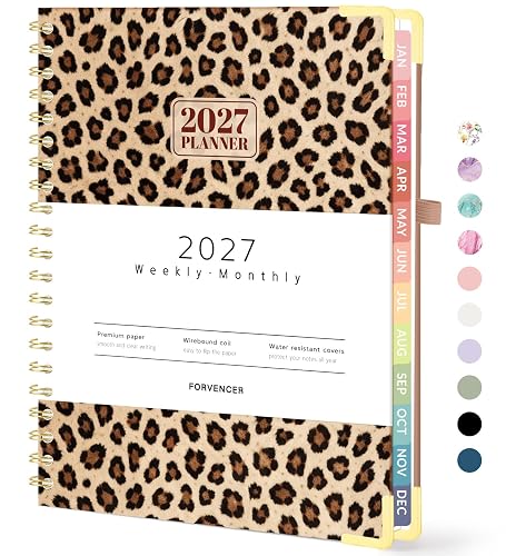 Forvencer 2027 Planner, Hardcover Calendar Planner Jan - Dec 2027, 8.5"x11" | Spiral Weekly & Monthly Planner, Daily Agenda Book with Tabs, Daily Journal Organizer for Office Home School, Leopard Print
