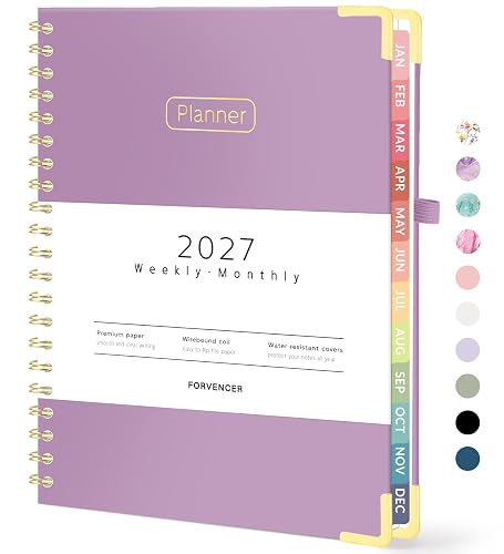 Forvencer 2027 Planner, Hardcover Calendar Planner Jan - Dec 2027, 8.5"x11" | Spiral Weekly & Monthly Planner, Daily Agenda Book with Tabs, Daily Journal Organizer for Office Home School, Muted Purple
