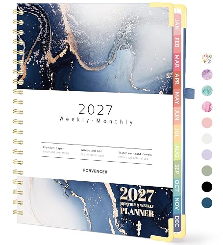 Forvencer 2027 Planner, Hardcover Calendar Planner Jan - Dec 2027, 8.5"x11" | Spiral Weekly & Monthly Planner, Daily Agenda Book with Tabs, Daily Journal Organizer for Office Home School, Navy Marble