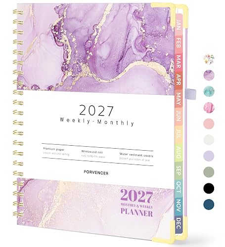Forvencer 2027 Planner, Hardcover Calendar Planner Jan - Dec 2027, 8.5"x11" | Spiral Weekly & Monthly Planner, Daily Agenda Book with Tabs, Daily Journal Organizer for Office Home School, Purple Marble
