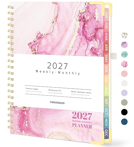 Forvencer 2027 Planner, Hardcover Calendar Planner Jan - Dec 2027, 8.5"x11" | Spiral Weekly & Monthly Planner, Daily Agenda Book with Tabs, Daily Journal Organizer for Office Home School, Pink Marble