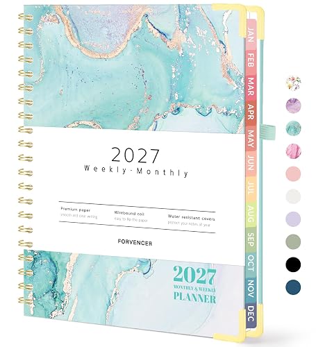 Forvencer 2027 Planner, Hardcover Calendar Planner Jan - Dec 2027, 8.5"x11" | Spiral Weekly & Monthly Planner, Daily Agenda Book with Tabs, Daily Journal Organizer for Office Home School, Teal Marble