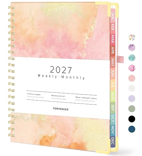 Forvencer 2027 Planner, Hardcover Calendar Planner Jan - Dec 2027, 8.5"x11" | Spiral Weekly & Monthly Planner, Daily Agenda Book with Tabs, Daily Journal Organizer for Office Home School, Peach Marble
