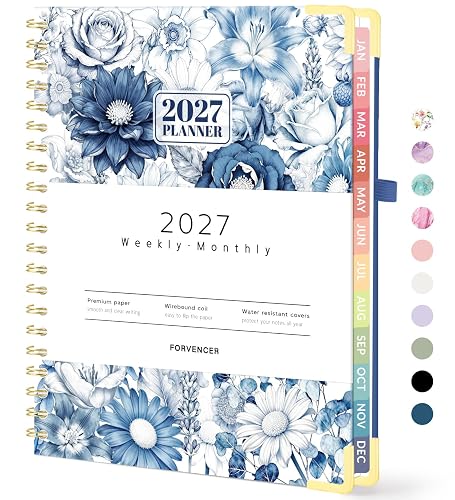 Forvencer 2027 Planner, Hardcover Calendar Planner Jan - Dec 2027, 8.5"x11" | Spiral Weekly & Monthly Planner, Daily Agenda Book with Tabs, Daily Journal Organizer for Office Home School, Blue Floral