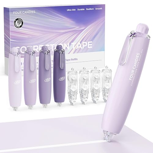 Four Candies Refillable Correction Tape, 4PCS White Tape with 4 Refills | Smooth White Pull-Out Tape for Instant Corrections, Easy to Use Applicator for Office, School Supplies (Purple)