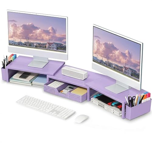 OPNICE Desk Organizers and Accessories, Dual Monitor Stand Riser with Drawer and 2 Pen Holders, Desk Shelf Printer Stand for Office Workspace Organizers, Desktop Organization (Purple)