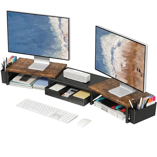 OPNICE Desk Organizers and Accessories, Dual Monitor Stand Riser with Drawer and 2 Pen Holders, Desk Shelf Printer Stand for Office Workspace Organizers, Desktop Organization (Rustic Brown)