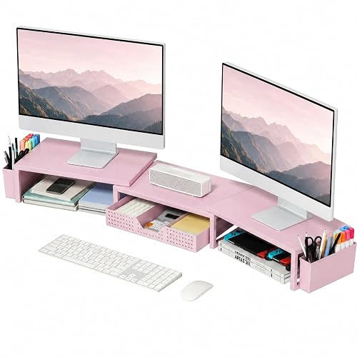 OPNICE Desk Organizers and Accessories, Dual Monitor Stand Riser with Drawer and 2 Pen Holders, Desk Shelf Printer Stand for Office Workspace Organizers, Desktop Organization (Pink)