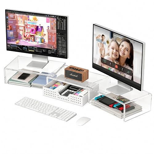 OPNICE Clear Acrylic Desk Organizers and Accessories, Dual Monitor Stand Riser with Drawer and 2 Pen Holders, Desk Shelf Printer Stand for Office Workspace Organizers, Desktop Organization (Transparent)