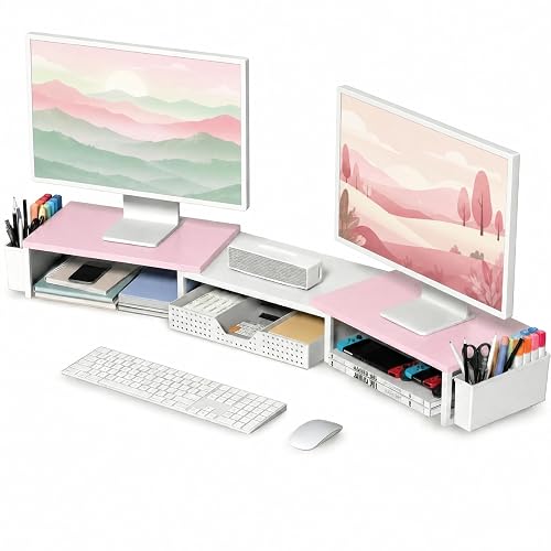 OPNICE Desk Organizers and Accessories, Dual Monitor Stand Riser with Drawer and 2 Pen Holders, Desk Shelf Printer Stand for Office Workspace Organizers, Desktop Organization (Pink-White)
