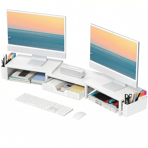 OPNICE Desk Organizers and Accessories, Dual Monitor Stand Riser with Drawer and 2 Pen Holders, Desk Shelf Printer Stand for Office Workspace Organizers, Desktop Organization (White)