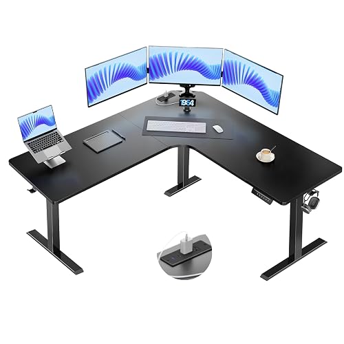 HUANUO 63" x 63" L-Shaped Standing Desk, Built-in Power Outlets, Black | 3 Memory Presets, Sturdy Steel Frame, 220 lbs Capacity, Large Power Strip Holder