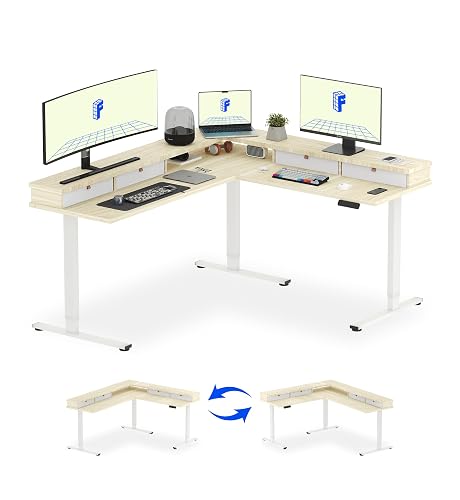 FLEXISPOT Reversible L-Shaped Corner Standing Desk with Monitor Shelf | 71x63", Maple, 4 Storage Drawers, Height Adjustable, Anti-Collision, Memory Presets, Sit Stand Desk for Home Office & Gaming