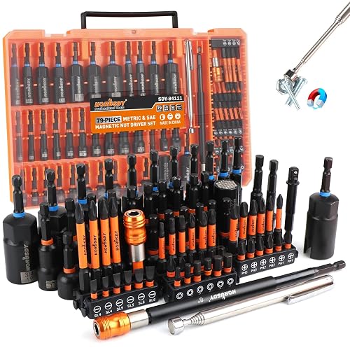 Upgraded 79-Piece Magnetic Impact Nut Driver Set, Metric & SAE with 3LB Magnetic Pickup Tool, Socket Adapters, Wing Nut Driver, Universal Sockets, Quick-Change Bit Holder & Extensions, Power Bits