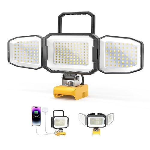LED Work Light Compatible with DeWalt 20V Battery, 150W 15000LM Flood Light, 6500K Daylight 3-Head Adjustable, USB Type-C&2 Brightness Modes Portable Flashlight Job Site Light (Tool Only)