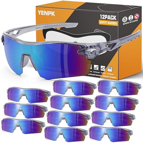 YENPK 12 Pack Safety Glasses for Men, ANSI Z87.1 & UV Protection Glasses | Anti-Scratch, High Impact Resistant, UV400 Protection, Polycarbonate Lens, Fashionable Design, For Men Women