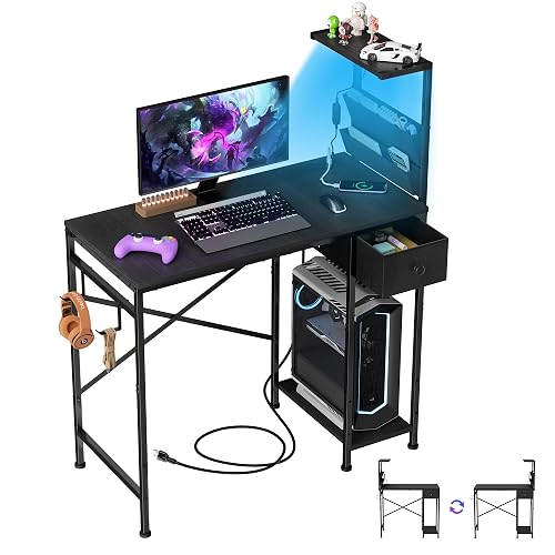 33.7 Inch Small Gaming Desk Table with LED Lights & Power Outlets, Compact L Shaped Gaming Computer Desk with CPU Stand, Drawer & Storage, Corner PC Desk for Kids, Home Office , Bedroom, Black