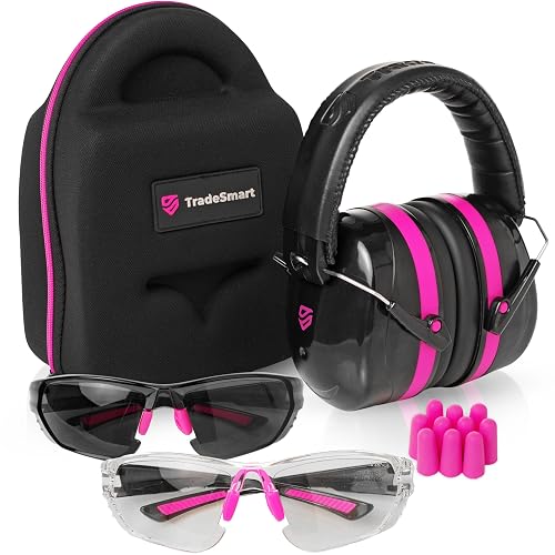 TradeSmart Shooting Ear & Eye Protection Kit, NRR 38, Pink | All-in-one: Earmuffs, Earplugs, Clear/Tinted ANSI z87.1 Safety Glasses and hard case. Perfect for indoor and outdoor ranges.