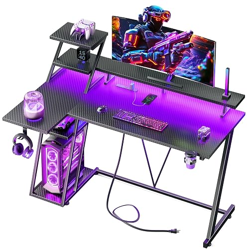 Korfile 40 Inch Gaming Desk with LED & Power Outlet, Carbon Fiber Black | L Shaped Computer Gaming Table, Reversible Corner Desk, Storage Shelves, Monitor Stand, for Home Office & Gaming Room