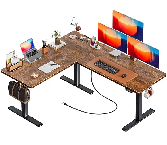 Huuger 63 x 55 Inch L Shaped Standing Desk with Power Outlets | Height Adjustable Computer Desk for Bedroom, Corner Stand up Desk for Home and Office, Work and Study, Rustic Brown