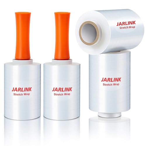 JARLINK 5" x 1000' Plastic Film Roll, Stretch Pallet Wrap W/Handles, 4 Pack | Heavy Duty 60 Gauge Thick Industrial Strength Shrink Wrap. Features up to 500% Stretch for Moving, Packing, and Shipping.