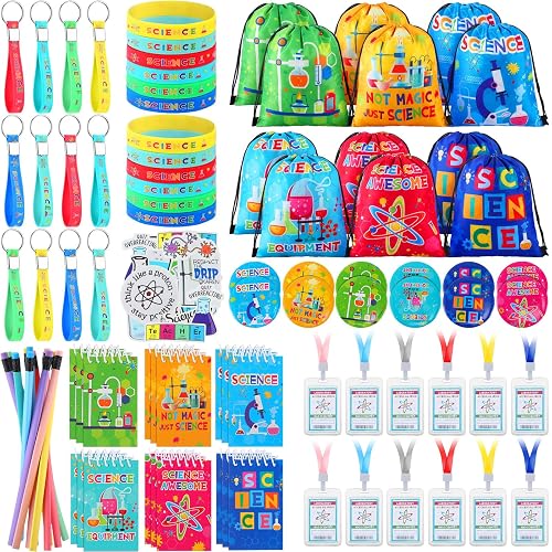 Zhanmai 140 Pcs Science Party Favors, Science Birthday Party Decorations | Include 12 Keychain Bracelets Name Badge Drawstring Bags Pencils Button Pins 18 Mini Notebooks 50 Stickers for Kids Party