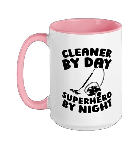 Cleaner Housekeeping Sanitation Janitorial - Cleaner Ceramic Mug, Pink/White, 15oz
