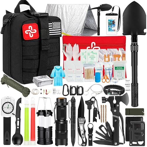 Survival Kit, 250Pcs Survival Gear First Aid Kit with Molle System Compatible Bag and Emergency Tent, Emergency Kit for Earthquake, Outdoor Adventure, Hiking, Hunting, Gifts for Men Women