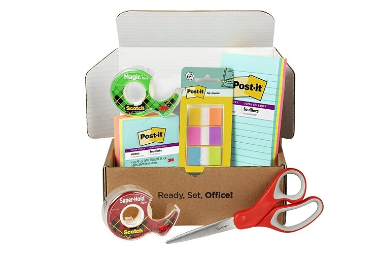 Scotch & Post-it Brand Office Essentials Kit of Business & Teacher Supplies | Set with Post-it Super Sticky Notes, Scotch Super Hold Tape, Scotch Magic Tape, Post-it Flags, and Sharp Scissors