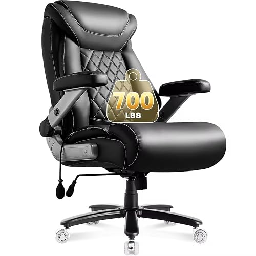 700lbs Leather Big and Tall Office Chair, Ergonomic Heavy Duty Executive Office Chair with 5D Flip Arms & Adjustable Lumbar Support & Dual Rubber Wheel, Large Thick Padded Extra Wide Seat, Black