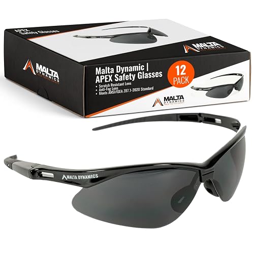 Malta Dynamics APEX Safety Glasses – Anti Scratch and Anti Fog Protection, Construction Safety Glasses for Men and Women, ISEA & ANSI Z87 Compliant (Tinted, 12 Pairs)