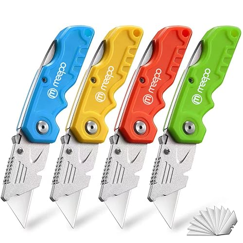 M MEEPO 4-Pack Box Cutter, Colorful Folding Utility Knife w/ 10 pcs Blades | Tough Design, Razor Sharp Blade, Comfortable Handle, Can cut Drywall, Sheet Plastic, Linoleum, Boxes, Rope