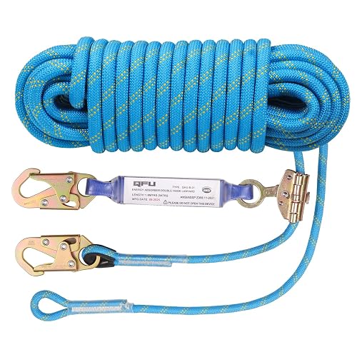 Heavy Duty Fall Protection Rope for roof & tree climbing. Includes safety harness, alloy steel clips, shock-absorbing lanyard