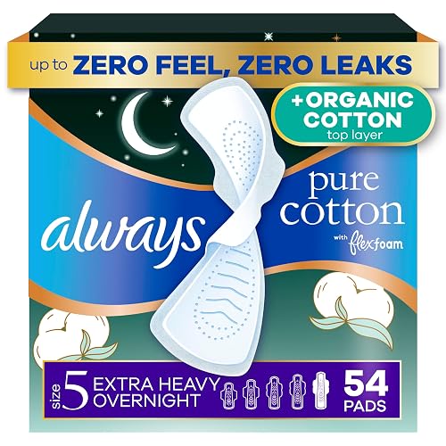 Always Pure Cotton, organic cotton top layer pads for women with wings, feminine care, period menstrual sanitary postpartum, toallas sanitarias para mujer, Size 5 Extra Heavy Overnight Unscented, 54ct