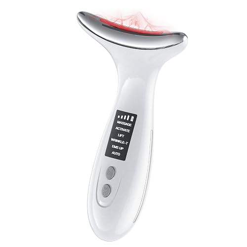 7-Color LED Red Light Therapy for Face & Neck Massager Anti-Aging, Lifting, Firming Facial Sculptor with Heat, 4 Levels Vibration, 2 Hours Using Time, Suit All Skin Types ﻿