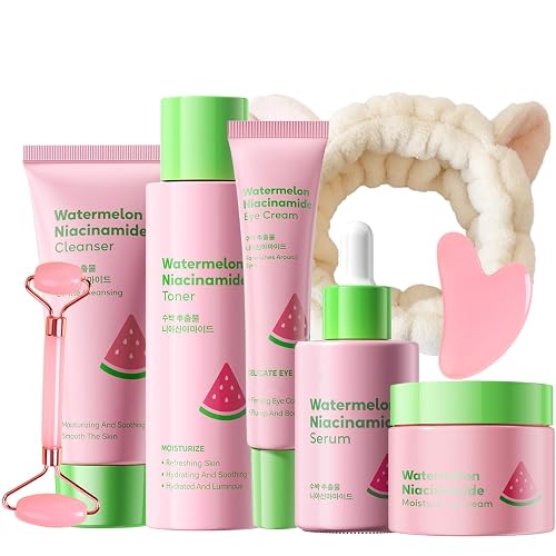 Watermelon Niacinamide Skin Care Set, Skin Care For Kids & Girls With Cleanser,Toner,Eye Cream,Cream,Serum,Headbeand & 2PCS Guasha, Skincare For Girls 10-12, Routine Beauty Skin Care For Teens Gift