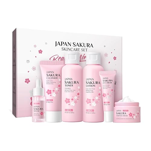 LAIKOU Skin Care Set JAPAN SAKURA Women Beauty Gift Sets Skin Care Kit 6pcs | Cleanser, Toner, Lotion, Serum, Eye Cream, Face Cream Travel Kit for Women Teen Girls Mom Daughter TSA-friendly Sizes