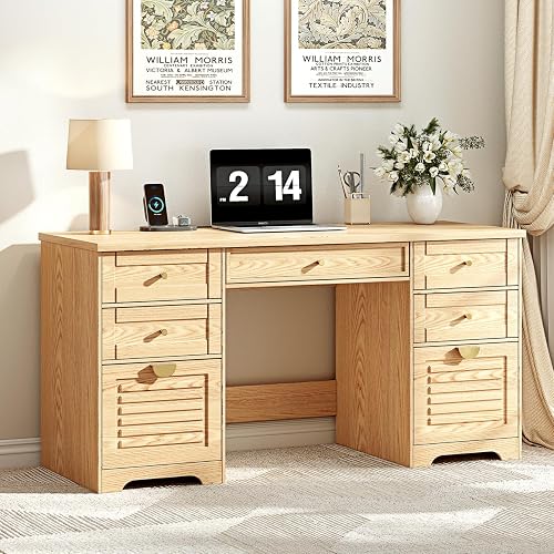 Ieejdn 59" Home Office Desks, Executive Desk, Farmhouse Computer Desk with 7 Drawers and Charging Station, File Drawer, Rustic Computer Writing Desk,Antique Wood