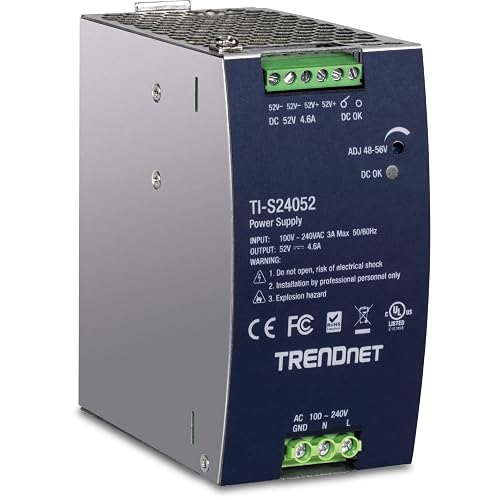 TRENDnet 240W, 52V DC, 4.61A AC to DC DIN-Rail Power Supply, TI-S24052 | Industrial Power Supply with Built-In Power Factor Controller Function, Silver