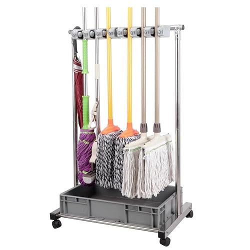 Mop and Broom Holder, Movable Hand Trucks Broom GOCHUSX | Broom Closet Cabinet, Cleaning Supplies Organizer, Janitorial Cart For Garage Garden(13 hanging clip)
